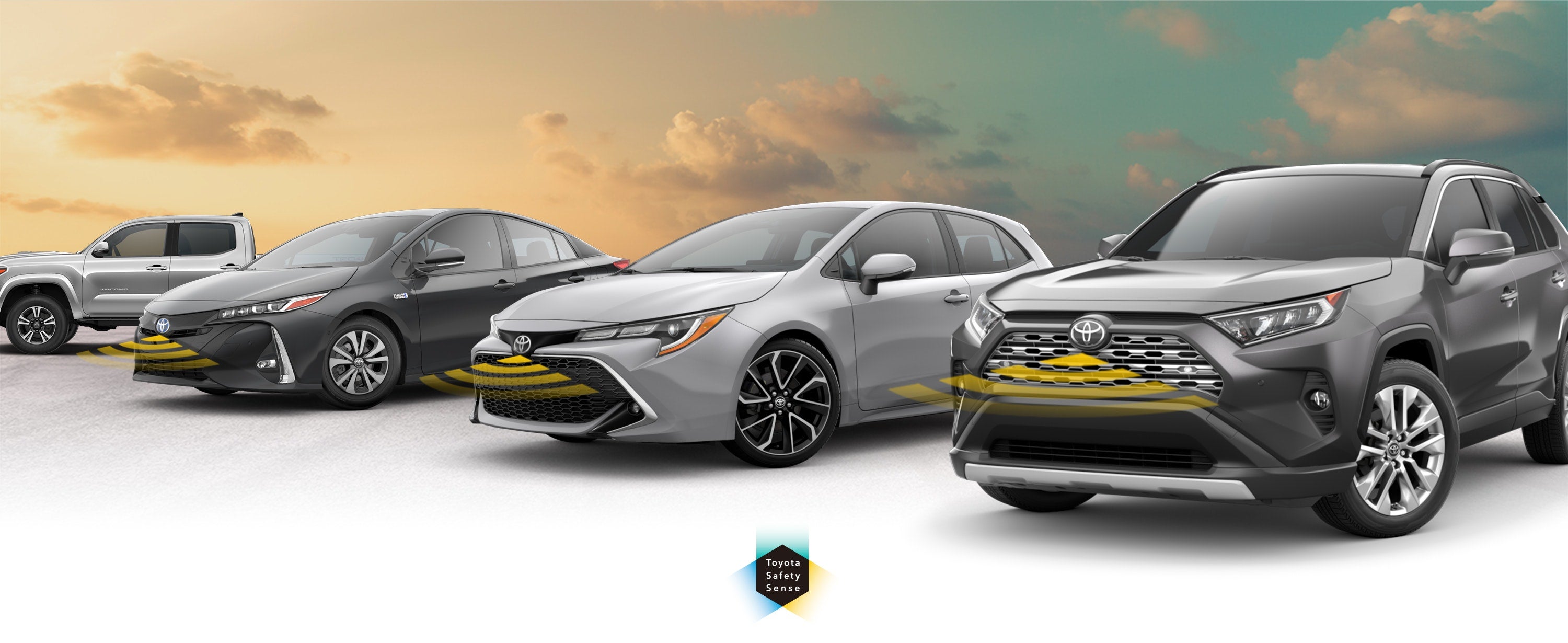 Toyota Safety Sense: Designed for Safety. Options shown on Toyota models including RAV4, Tacoma, and Camry, available now at Team Toyota in Baton Rouge LA.